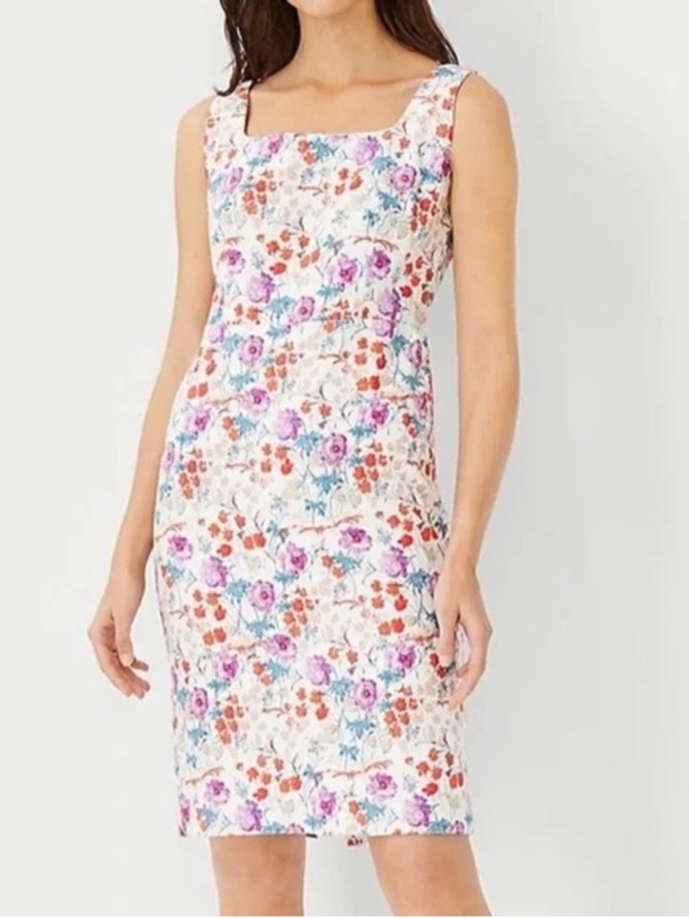 Ann Taylor Floral Square Neck Lined Sheath Dress NWT White Red Size 18